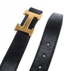 Pre Owned Hermès Black/Dark Brown Leather Reversible Gold Brushed Finished H Buckle Belt 95cm