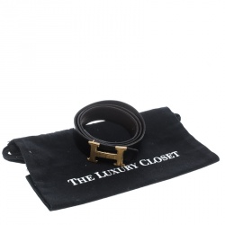 Pre Owned Hermès Black/Dark Brown Leather Reversible Gold Brushed Finished H Buckle Belt 95cm