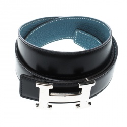 Pre Owned Hermès Black/Blue Leather Reversible Silver Metal Finished H Buckle Belt 105 CM