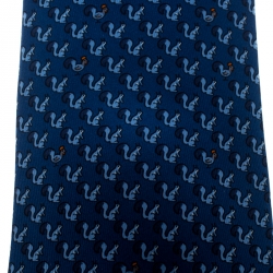 Pre Owned Hermes Blue Gradient Hen and Squirrel Printed Silk Tie