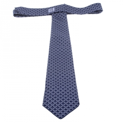 Pre Owned Hermes Vintage Navy Blue Link Printed Silk Tie