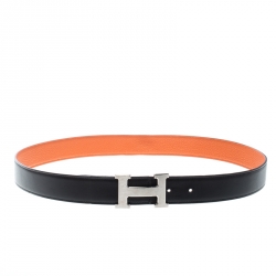 Pre Owned Hermes Black/Orange Swift Leather Reversible H Buckle Belt 95cm