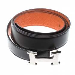 Pre Owned Hermes Black/Orange Swift Leather Reversible H Buckle Belt 95cm