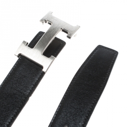 Pre Owned Hermes Black/Orange Swift Leather Reversible H Buckle Belt 95cm