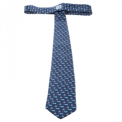 Pre Owned Hermes Navy Blue Cat and Mouse Printed Silk Twill Tie 