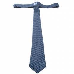 Pre Owned Hermes Navy Blue Printed Silk Twill Tie