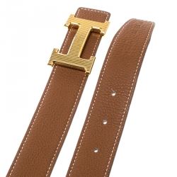 Pre Owned Hermès Black/Brown Leather Reversible Gold Grooved Finished H Buckle Belt 95cm