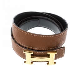 Pre Owned Hermès Black/Brown Leather Reversible Gold Grooved Finished H Buckle Belt 95cm