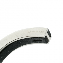 Hermes Black Leather Silver Tone Open Cuff Bracelet 