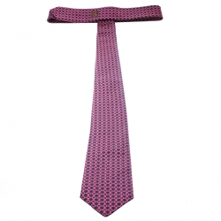 Pre Owned Hermes Vintage Navy Blue and Pink Chain Link Pattern Silk Jacquard Tie