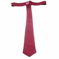 Pre Owned Hermes Magenta Pink and Black Irregular Houndstooth Print Silk Tie