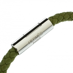 Pre Owned Hermes Goliath Green Woven Leather Palladium Plated Bracelet
