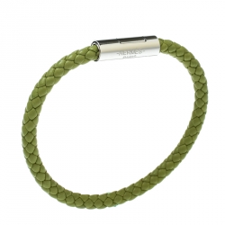 Pre Owned Hermes Goliath Green Woven Leather Palladium Plated Bracelet