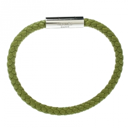 Pre Owned Hermes Goliath Green Woven Leather Palladium Plated Bracelet