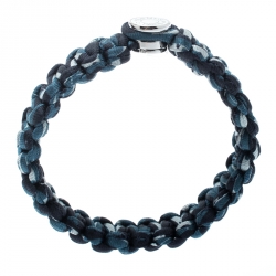 Hermes Blue Silk Twill Kid Palladium Plated Bracelet Size T4