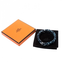 Hermes Blue Silk Twill Kid Palladium Plated Bracelet Size T4