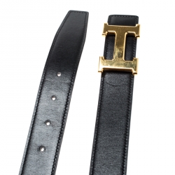 Pre Owned Hermès Black/Brown Leather Reversible Gold Metal Finished H Buckle Belt 90CM