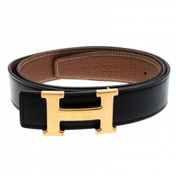 Pre Owned Hermès Black/Brown Leather Reversible Gold Metal Finished H Buckle Belt 90CM