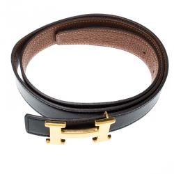 Pre Owned Hermès Black/Brown Leather Reversible Gold Metal Finished H Buckle Belt 90CM