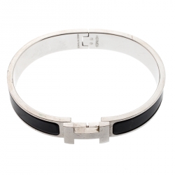 Hermes Clic HH Black Enamel Brushed Palladium Plated Bracelet GM