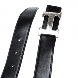 Pre Owned Hermès Black/Blue Leather Reversible Silver Hammered Finished H Buckle Belt 90cm