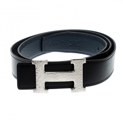 Pre Owned Hermès Black/Blue Leather Reversible Silver Hammered Finished H Buckle Belt 90cm