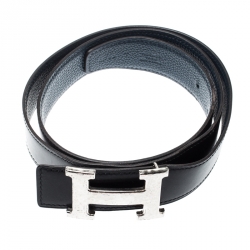 Pre Owned Hermès Black/Blue Leather Reversible Silver Hammered Finished H Buckle Belt 90cm