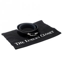 Pre Owned Hermès Black/Blue Leather Reversible Silver Hammered Finished H Buckle Belt 90cm