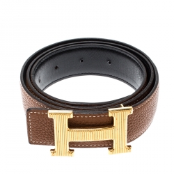 Pre Owned Hermès Black/Brown Leather Reversible Gold Grooved Finished H Buckle Belt 85cm