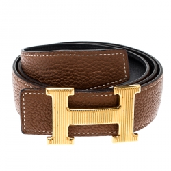 Pre Owned Hermès Black/Brown Leather Reversible Gold Grooved Finished H Buckle Belt 85cm