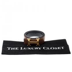 Pre Owned Hermès Black/Brown Leather Reversible Gold Grooved Finished H Buckle Belt 85cm