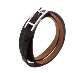 Hermes Hapi 3 Dark Green Leather Palladium Plated Wrap Bracelet