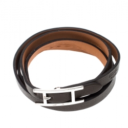 Hermes Hapi 3 Dark Green Leather Palladium Plated Wrap Bracelet