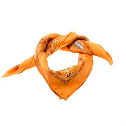 Hermes Orange Peuple Du Vent Printed Silk Pocket Square  