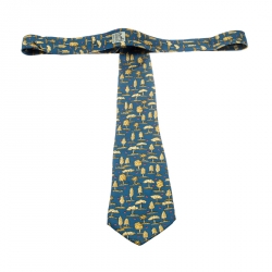 Pre Owned Hermes Blue Silk Gold Tree Print Tie 