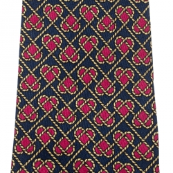 Pre Owned Hermes Navy Blue and Pink Silk Rope Heart Print Tie 