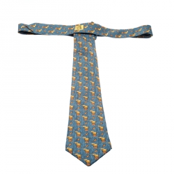 Pre Owned Hermes Blue Silk Circus Elephant and Mouse Print Tie
