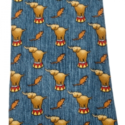 Pre Owned Hermes Blue Silk Circus Elephant and Mouse Print Tie
