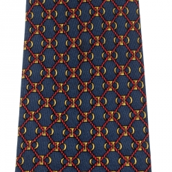Pre Owned Hermes Navy Blue Red Rope Geometric Print Silk Tie