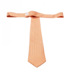 Pre Owned Hermes Orange Equestrian Chain Link Print Silk Tie