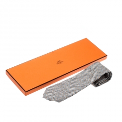 Pre Owned Hermes Black and White Plaid Dot Embroidered Silk Jacquard Tie 