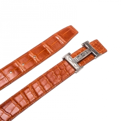 Pre Owned Hermes Orange Crocodile and Swift Leather Constance 2 Guillochee Finish H Buckle Belt 85CM