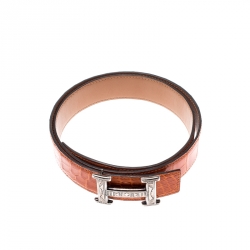 Pre Owned Hermes Orange Crocodile and Swift Leather Constance 2 Guillochee Finish H Buckle Belt 85CM