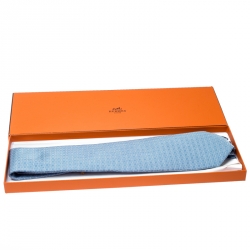 Pre Owned ربطة عنق هيرمس نمط جاكار H ذهبية حرير أزرق