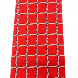 Pre Owned Hermes Red Equestrian Belt Print Silk Twill Tie