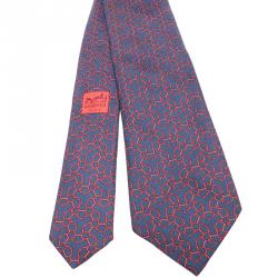 Pre Owned Hermes Navy Blue Ring Print Silk Tie