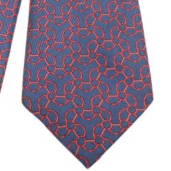 Pre Owned Hermes Navy Blue Ring Print Silk Tie