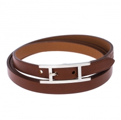 Hermès Hapi Brown Leather Palladium Plated Wrap Bracelet