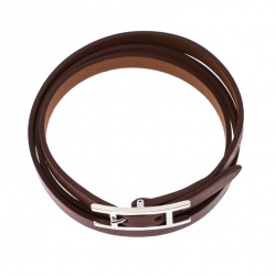 Hermès Hapi Brown Leather Palladium Plated Wrap Bracelet