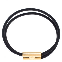 Pre Owned Hermes Tournis Tresse Black Leather Gold Plated Wrap Bracelet